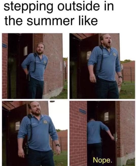 me in summer meme - stepping outside in the summer Nope.