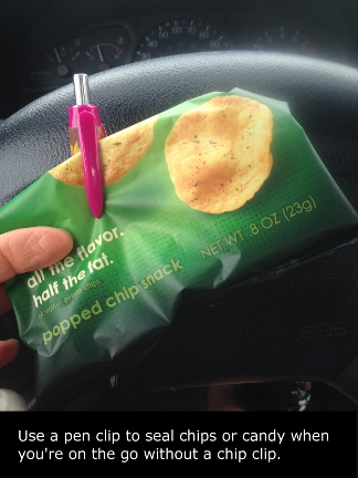 junk food - all me flavor. half the lat. popped chip snack Net Wt 8 Oz 239 Use a pen clip to seal chips or candy when you're on the go without a chip clip.