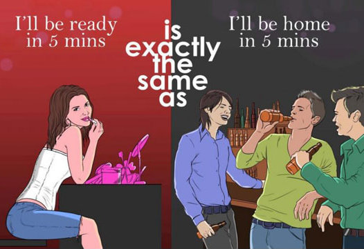 men and women differences funny - I'll be ready in 5 mins is. I'll be home in 5 mins same as