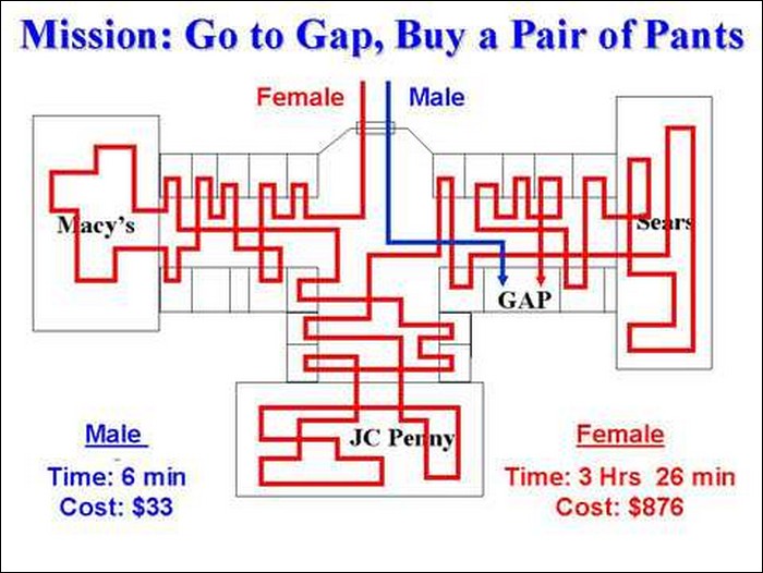 mission go to gap buy a pair - Mission Go to Gap, Buy a Pair of Pants Female Male Macy's Gap Male Jc Penny Time 6 min Cost $33 Female Time 3 Hrs 26 min Cost $876