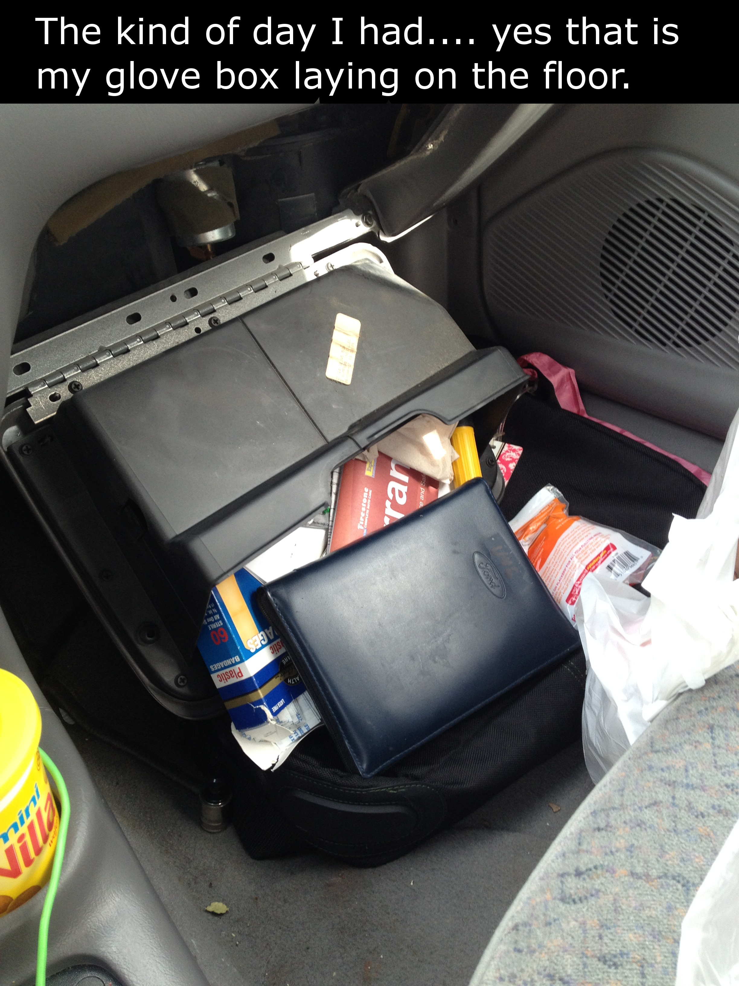 car seat cover - The kind of day I had.... yes that is my glove box laying on the floor.