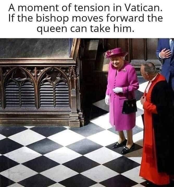 moment of tension in vatican - A moment of tension in Vatican. If the bishop moves forward the queen can take him.