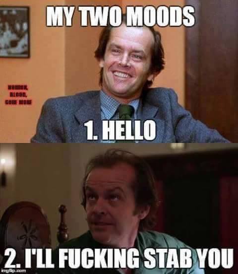 my 2 moods meme - My Two Moods Bio Cute To 1. Hello 2. I'Ll Fucking Stab You mgflip.com