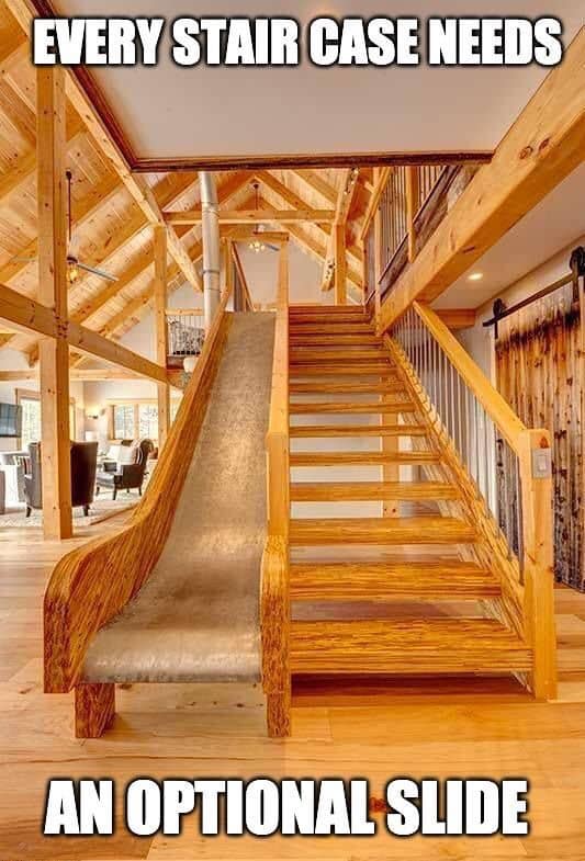 timber frame barn house - Every Stair Case Needs An Optional Slide
