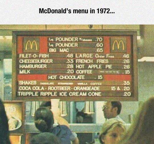 mcdonalds 1973 - McDonald's menu in 1972... 65 Im Pounder .m.70 Pounder .60 M Big Mac FiletOFish 248 Large Ora Fred Cheeseburger 33 French Fries Hamburger No.28 Hot Apple Pie Milk .20 Coffee Hot Chocolate 15 Shakes Omar Lacoste Coca Cola Rootbeer Orangead