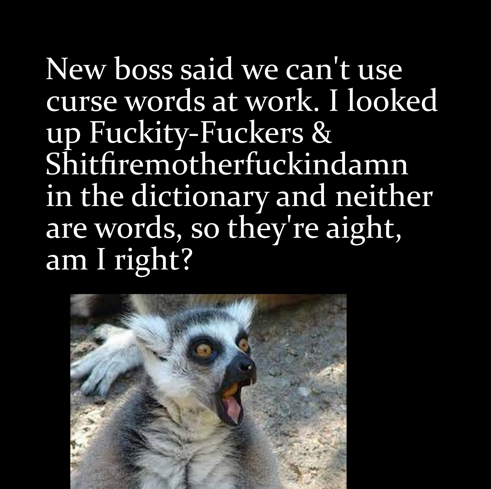 photo caption - New boss said we can't use curse words at work. I looked up FuckityFuckers & Shitfiremotherfuckindamn in the dictionary and neither are words, so they're aight, am I right?