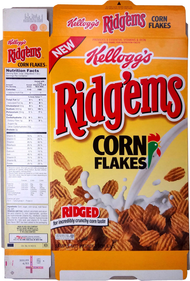 snack - Corn Flakes Kellogga Ridgems Fcares Rigens New Kellogg's Provides 8 Essential Vitamins & Iron See Side Panel For Nutrition Facts Kellogg's Ridgems Corn Flakes Nutrition Facts Serving Scre op b out 102. Servings Per Container Cerer 150 Calories Cal