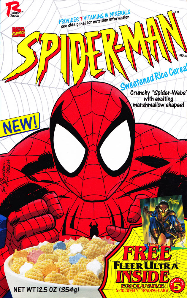 spider man cereal 1995 - Provides 7 Vitamins & Minerals see side panel for nutrition information Marvel Nant Comics Sspiderman Brane Sweetened Rice Cerea Crunchy "SpiderWebs' with exciting marshmallow shapes! New! Palume pad Koblish Wirman Cnd Vid Fleer U