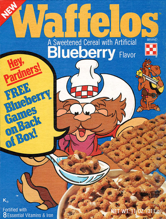 waffelos cereal - Waffelos New Brand A Sweetened Cereal with Artificial Blueberry Flavor Hey, Pardners! Free Blueberry Games on Back of Box! . Fortified with 8 Essential Vitamins & Iron Net Wt. 11 Oz. 311 g.