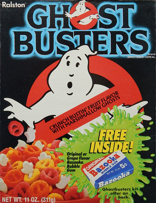 ghostbusters cereal - Ghosts Ralston Busters brand Sweetened Cereal Crunch Bustin' Fruit Flavor With Marshmallow Ghosts Free Lnside! Original or Grape flavor Bazooka. Bubble Gum Original 200 Bubble Gum Net Wt 25 02 54 Bazooka Ghostbusters kit offer on bac