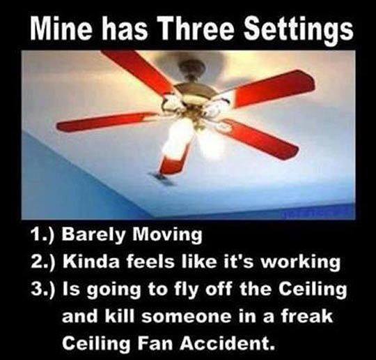 electrical humor - Mine has Three Settings 1. Barely Moving 2. Kinda feels it's working 3. Is going to fly off the Ceiling and kill someone in a freak Ceiling Fan Accident.