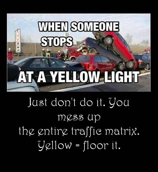 funny people at driving - When Someone Stops At A Yellow Light Just don't do it. You mess up the entire traffic matrix. Yellow floor it.