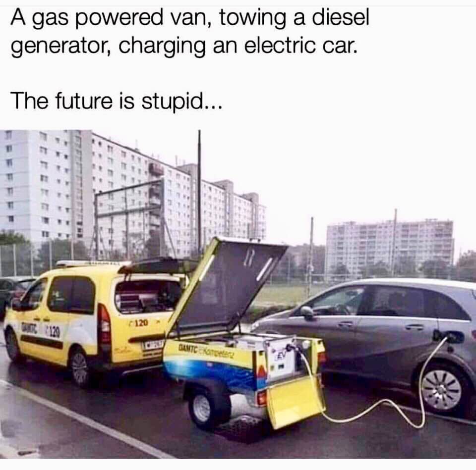 diesel generator charging electric car - A gas powered van, towing a diesel generator, charging an electric car. The future is stupid... 120 Dawtc