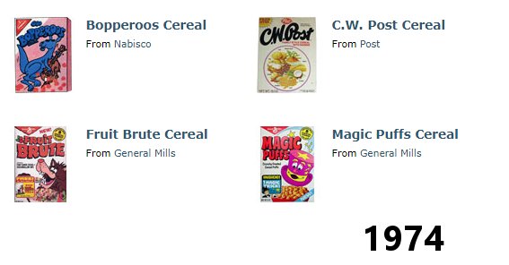 fruit brute - Bopperoos Cereal From Nabisco Cn Post C.W. Post Cereal From Post Fruit Brute Cereal From General Mills Magic Puffs Cereal From General Mills 1974