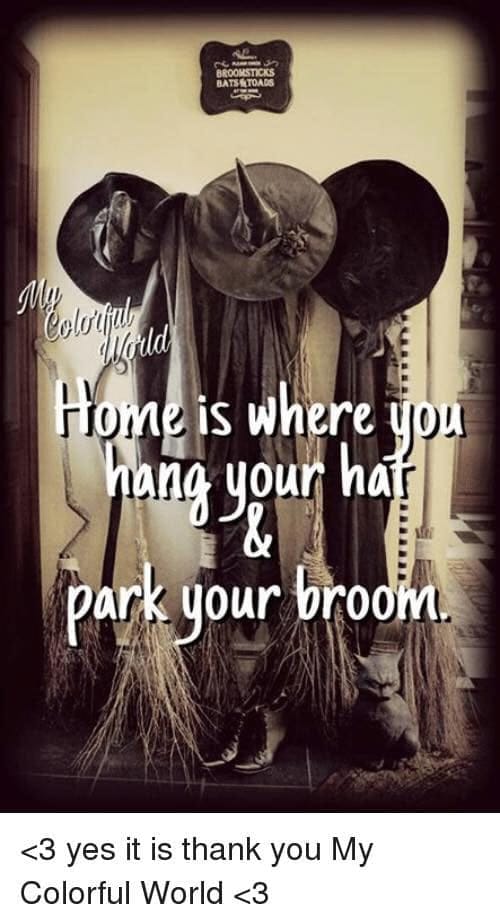 home is where you hang your hat - Broomsticks Bats A Toads Colorful de World Home is where you hang your na park your broom.