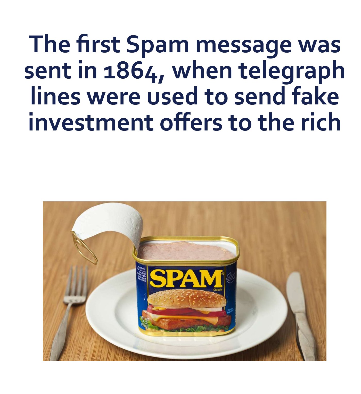 tableware - The first Spam message was sent in 1864, when telegraph lines were used to send fake investment offers to the rich Mieste Spam Classic