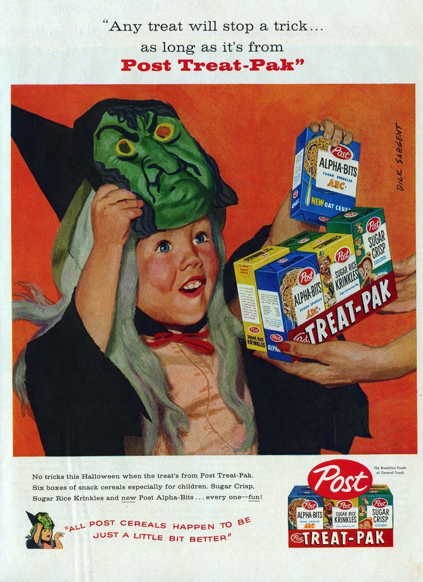 vintage halloween ads - Any treat will stop a trick... as long as it's from Post TreatPak Post AlphaBits Dile Sargent Sugar Sparkled Abc New Oat Cers es Sugar Crisp Sugar Rice Krinkies for AlphaBits Jugar Durid TreatPak The Breakfast Foods of General Food