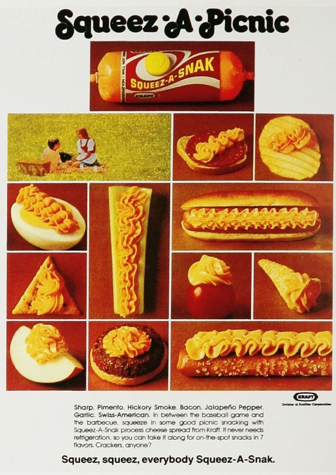 1970's squeeze cheese - Squeez A Picnic Squeez QueezASnak 10. Qu Ver Sharp. Pimento. Hickory Smoke Bocon. Jalapeno Pepper. Garlic. SwissAmerican In between the baseball game and the barbecue, squeeze in some good picnic snacking with SqueezASnak process c