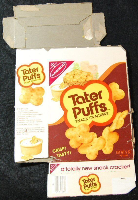 nabisco - Tater Puffs Nabisco Snack Crackers Tater Puffs Snack Crackers Crisp! Tasty! Net Wt 5 Oz 142 Cums a totally new snack cracker! Price Tater Puffs