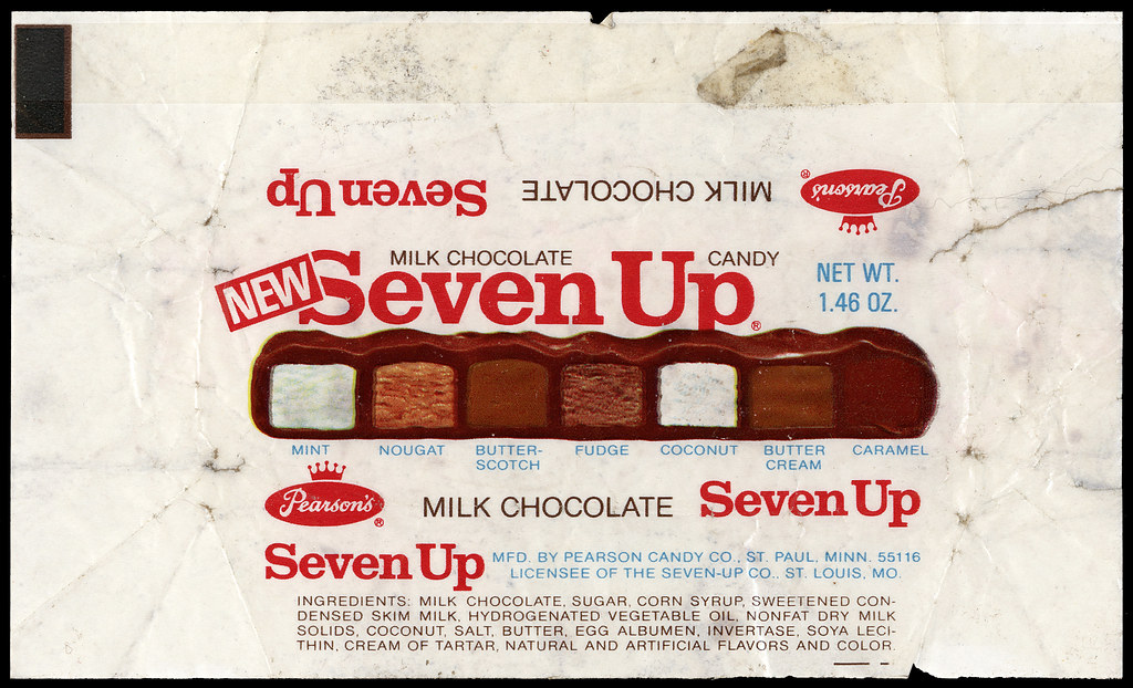 seven up candy bar - dnuS 3170OH Xiiw Joswap Milk Chocolate Candy News even Up Net Wt. 1.46 Oz. Mint Nougat Butter Scotch Fudge Coconut Butter Cream Caramel 100 Pearsons Milk Chocolate Seven Up Mfd. By Pearson Candy Co., St. Paul. Minn. 55116 Licensee Of 