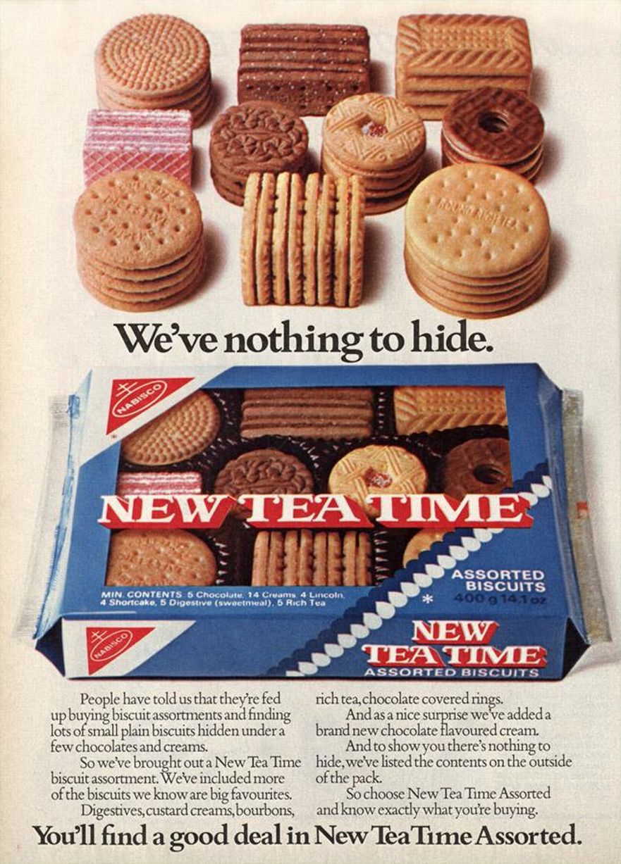 1970s biscuits - We've nothing to hide. X New Teatime Assorted Biscuits 400 g 14.1 oz Min Contents 5 Chocolul 14 Cream A Lincoln 4 Shortcake. 5 Digestive sweetmeal, 5 Rich Tea New Teatime Glabasco Assorted Biscuits People have told us that they're fed ric