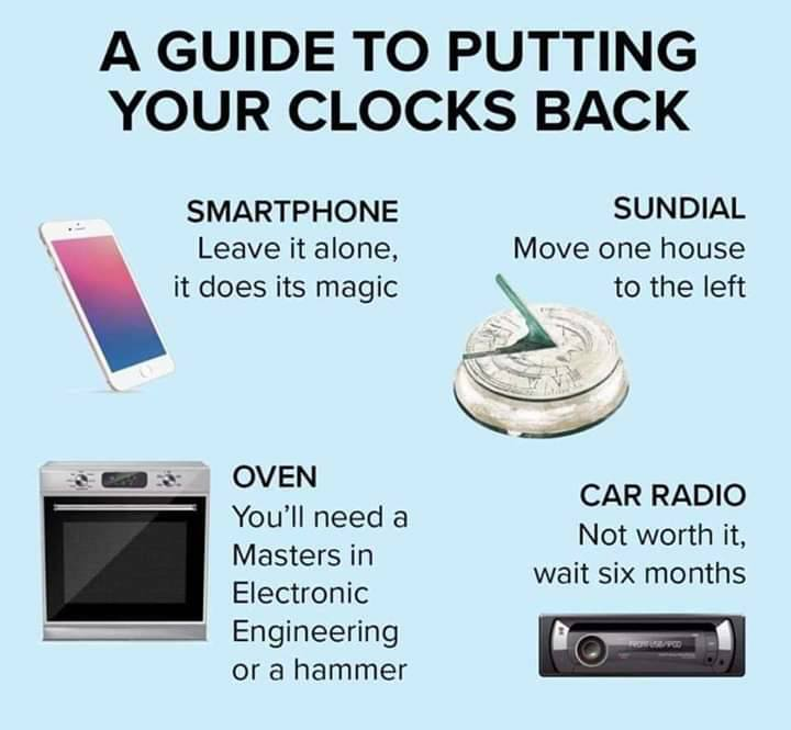 communication - A Guide To Putting Your Clocks Back Smartphone Leave it alone, it does its magic Sundial Move one house to the left Oven You'll need a Masters in Electronic Engineering or a hammer Car Radio Not worth it, wait six months