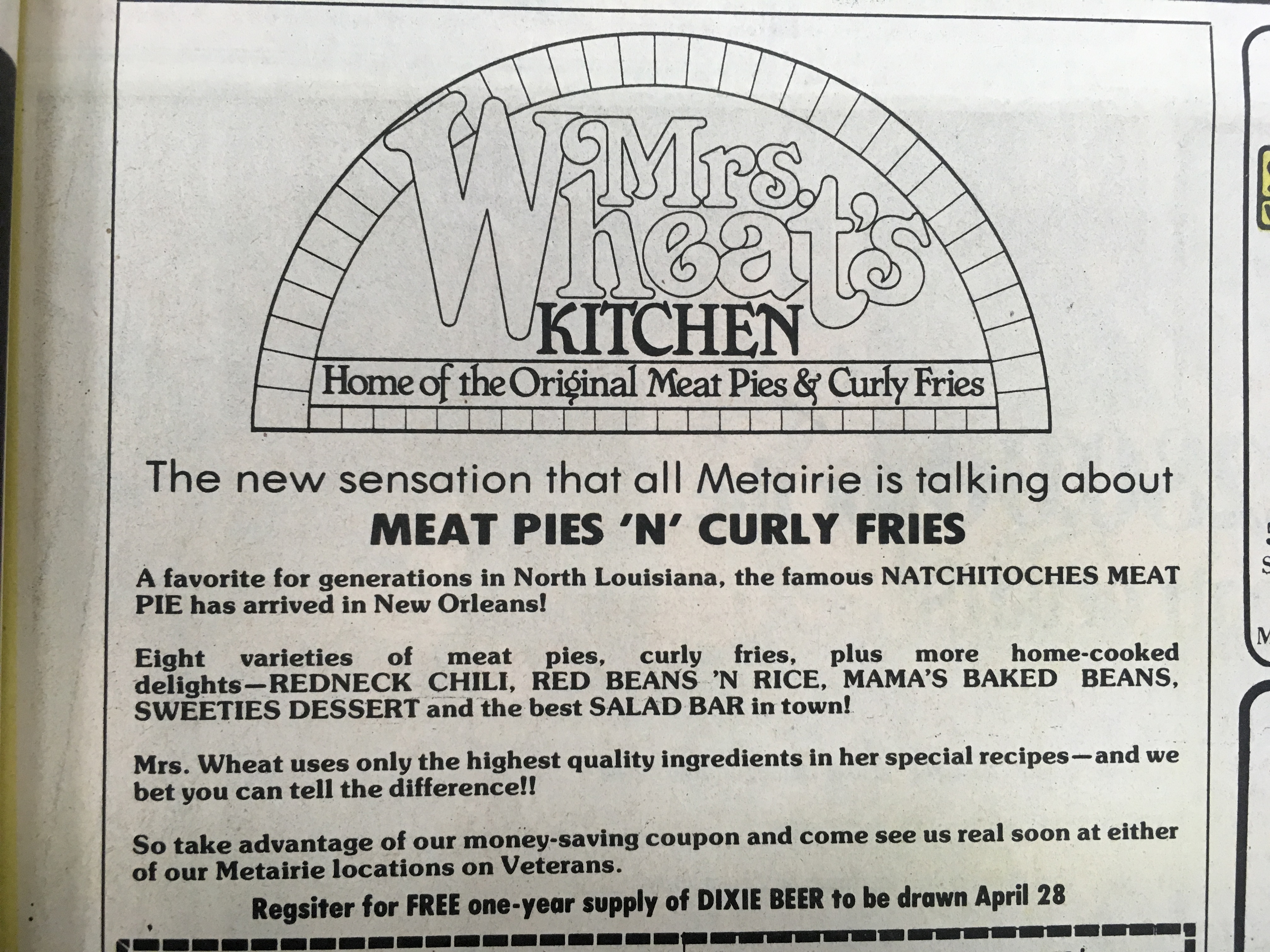 VMrs Whea V Kitchen O Home of the Original Meat Pies & Curly Fries The new sensation that all Metairie is talking about Meat Pies 'N' Curly Fries A favorite for generations in North Louisiana, the famous Natchitoches Meat Pie has arrived in New Orleans!…