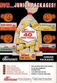 retro halloween candy ads - Now...Junior Packages! Red Hots Stanled Olenara Ilunior Packages y el Breakers Atomic Gerrara's Fire Ball Junior Packages