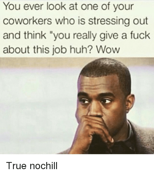 work colleagues meme - You ever look at one of your coworkers who is stressing out and think "you really give a fuck about this job huh? Wow True nochill