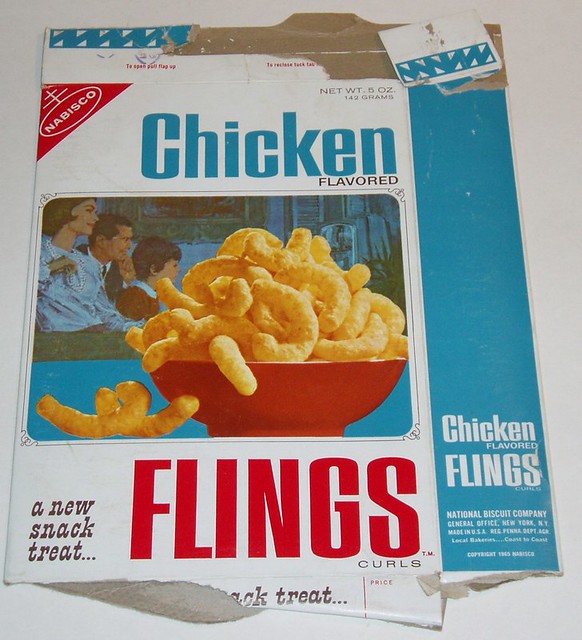 vintage font - Net Wt 5 Oz. Chicken Flavored Chicken Flings Flavored a new snack treat... Flings National Biscuit Company General Difici, New York, Ny Made In Usa Reparar Local Contact Coprirts Curls ack treat...
