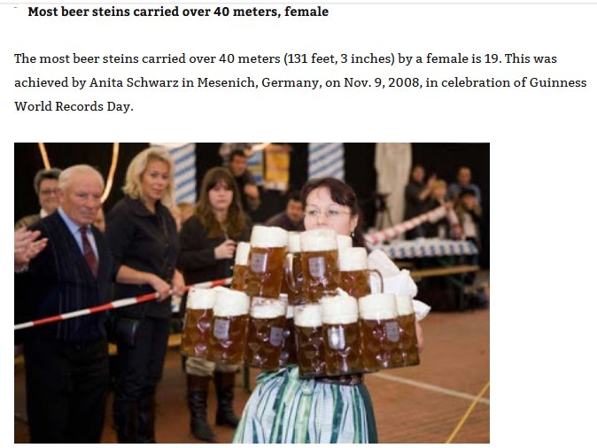 oktoberfest tits beer - Most beer steins carried over 40 meters, female The most beer steins carried over 40 meters 131 feet, 3 inches by a female is 19. This was achieved by Anita Schwarz in Mesenich, Germany, on Nov. 9, 2008, in celebration of Guinness 