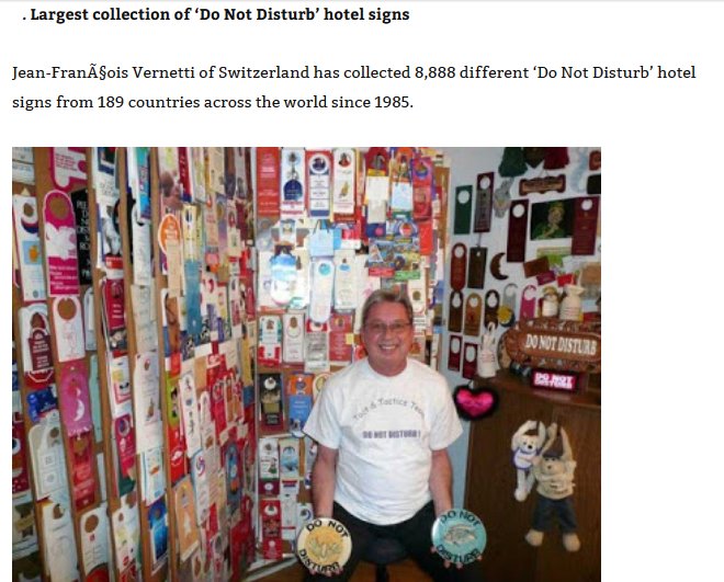 jean francois vernetti - . Largest collection of 'Do Not Disturb' hotel signs JeanFranois Vernetti of Switzerland has collected 8,888 different 'Do Not Disturb'hotel signs from 189 countries across the world since 1985. Cd