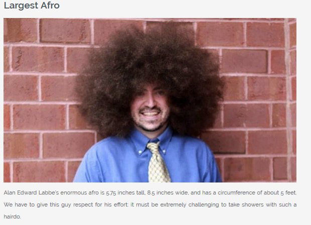 biggest afro in the world - Largest Afro Alan Edward Labbe's enormous afro is 5.75 inches tall, 8.5 inches wide, and has a circumference of about 5 feet. We have to give this guy respect for his effort. it must be extremely challenging to take showers wit