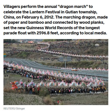 Villagers perform the annual "dragon march" to celebrate the Lantern Festival in Gutian township, China, on . The marching dragon, made of paper and bamboo and connected by wood planks, set the new Guinness World Records of the longest parade float with…