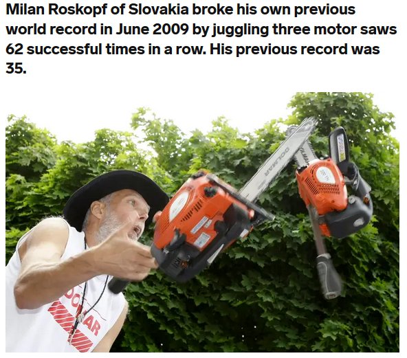 Milan Roskopf of Slovakia broke his own previous world record in by juggling three motor saws 62 successful times in a row. His previous record was 35. Win