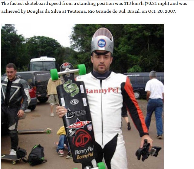 The fastest skateboard speed from a standing position was 113 kmh 70.21 mph and was achieved by Douglas da Silva at Teutonia, Rio Grande do Sul, Brazil, on Oct. 20, 2007. annyPel Lovisur Owin Bannel Banner