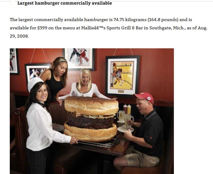 mallie's sports grill & bar - Largest hamburger commercially available The largest commercially available hamburger is 74.75 kilograms 164.8 pounds and is available for $399 on the menu at MallieTMs Sports Grill & Bar in Southgate, Mich., as of Aug. 29, 2
