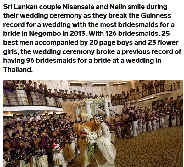 Sri Lanka - Sri Lankan couple Nisansala and Nalin smile during their wedding ceremony as they break the Guinness record for a wedding with the most bridesmaids for a bride in Negombo in 2013. With 126 bridesmaids, 25 best men accompanied by 20 page boys a