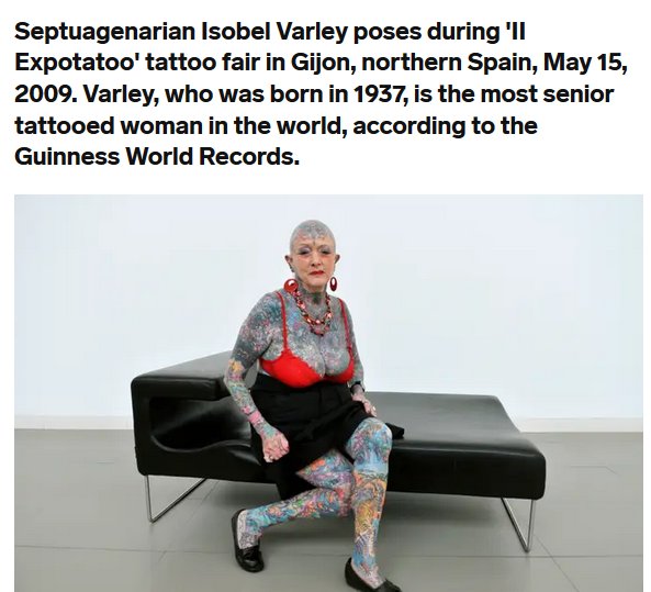 thinnest woman in the world guinness book record - Septuagenarian Isobel Varley poses during 'Il Expotatoo' tattoo fair in Gijon, northern Spain, . Varley, who was born in 1937, is the most senior tattooed woman in the world, according to the Guinness Wor