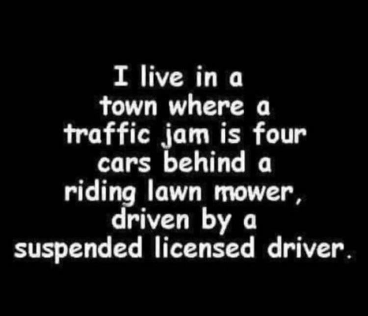 monochrome - I live in a town where a traffic jam is four cars behind a riding lawn mower, driven by a suspended licensed driver.