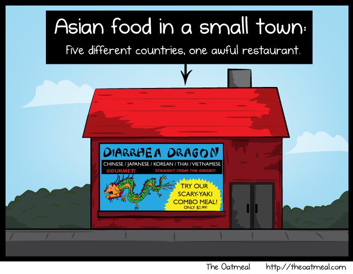 diarrhea dragon - Asian food in a small town Five different countries, one awful restaurant, Diarrhea Dragon Chinese Japanese KoreanThaiVietnamese Gourmet Straight From The Orienti Try Our ScaryYaki Combo Meal! Only $2.99! The Oatmeal