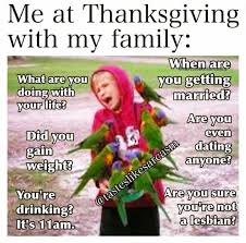 family thanksgiving memes - Me at Thanksgiving with my family When are What are you you getting doing with married? your ? Are you Did you cven gain dating weight? anyone? You're drinking? It's 11am. Are you sure you're not a lesbian?