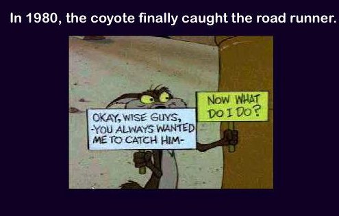 road runner memes - In 1980, the coyote finally caught the road runner. Now What Do I Do? Okay, Wise Guys, You Always Wanted Me To Catch Him