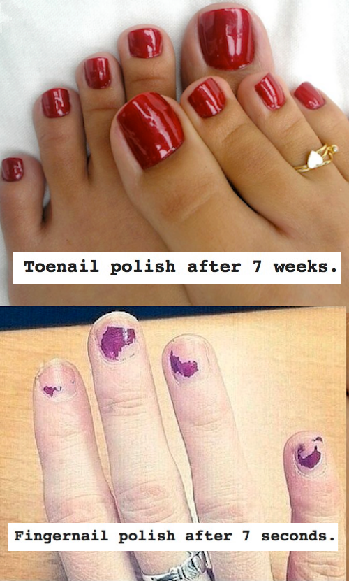 toe nails painted beautifully - Toenail polish after 7 weeks. Fingernail polish after 7 seconds.