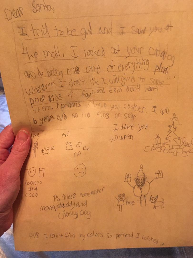 handwriting - Dear Santa, I trid to be gud and I sunt you at the mall, I looked at your coal God bring me one of everything ples Wateven I don't lik I will give to Door kids if fave and Elin don't want them. I promis I am I promis to leave you cooker ears