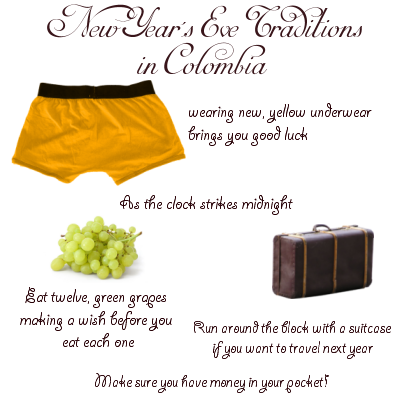 New Year's Ex Traditions in Colombia wearing new, yellow underwear brings you good luck As the clock strikes midnight Bat twelve, green grapes making a wish before you eat each one Run around the block with a suitcase if you want to travel next year Make…