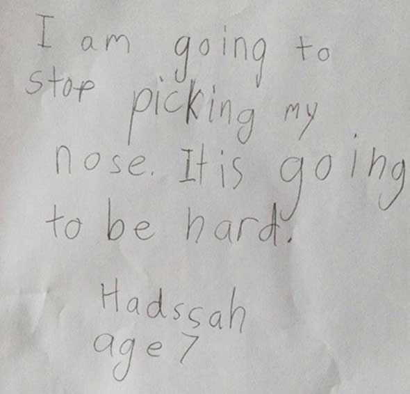 funny kids new years resolutions - I am going to stop picking my going nose. It is to be hard Hadssah aget