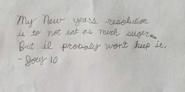 handwriting - My new years resolution is to not eat as murch suger But il probally won't keep it. Joey 10