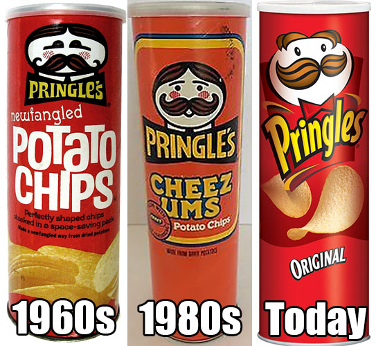 pringles logo 90s - Pringle's neuufangled Pojalo Pringles Pringles Chips Cheez Ums tacked in Perfectly shaped chips a in a spacesaving angled way from dried po Potato Chipe Original 1960s 1980s Today