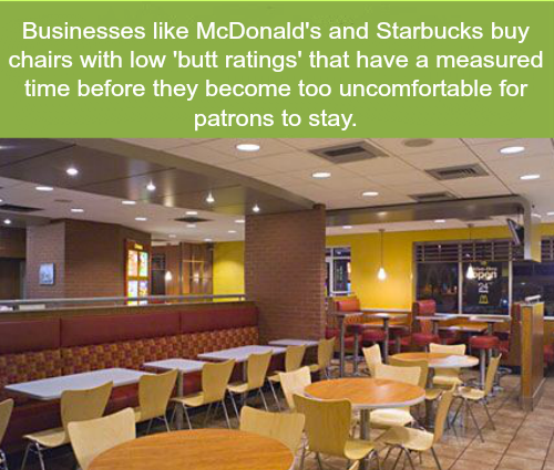 wtf fun facts about chairs - Businesses McDonald's and Starbucks buy chairs with low 'butt ratings' that have a measured time before they become too uncomfortable for patrons to stay. & na